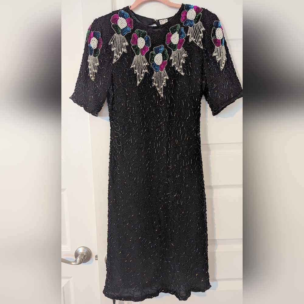 Black Vintage 80s Beaded Dress, Medium
